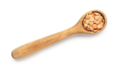 Spoon with lentils on white background
