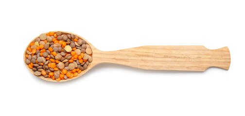 Spoon with lentils on white background