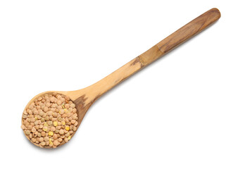 Spoon with lentils on white background