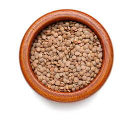 Bowl with lentils on white background
