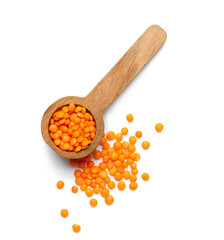Spoon with lentils on white background