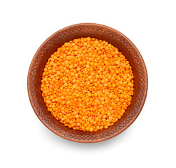 Bowl with lentils on white background