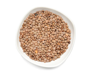 Plate with lentils on white background