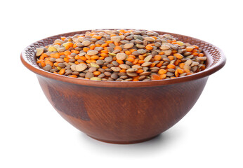 Fototapeta na wymiar Bowl with lentils on white background