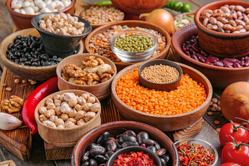 Different raw legumes with spices on table
