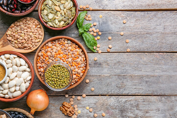 Different raw legumes on table