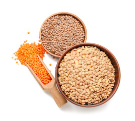 Raw lentils on white background