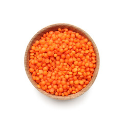 Bowl with lentils on white background