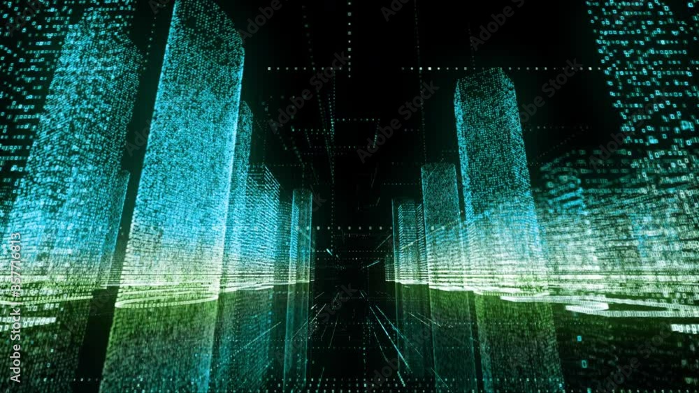 Poster camera flight in black cyberspace through the big digital city model consists of azure and white col
