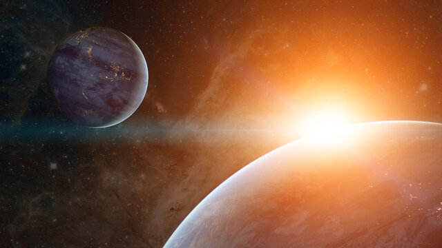 Exoplanet, exomoons and galaxy. Elements of this image are furnished by NASA
