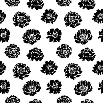 Seamless floral vector pattern with peonies, roses, anemones. Hand drawn black paint illustration with abstract flowers.