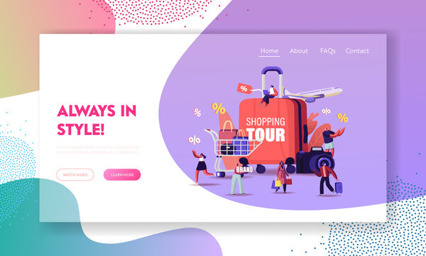 Shopping Tour Landing Page Template. Tiny Characters with Bags and Trolley around of Huge Suitcase, Photo Camera and Flying Airplane. Travelers and Tourist Shoppers. Cartoon People Vector Illustration