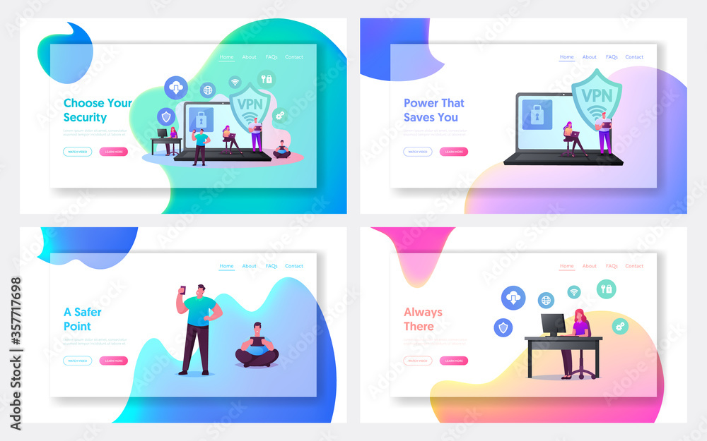 Poster virtual private network, vpn landing page template set. tiny characters at huge laptop with lock on 