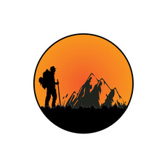 a climber looks at a mountain behind the beautiful sunset. Travel, tourism, hikes and adventure logos. Vector illustration