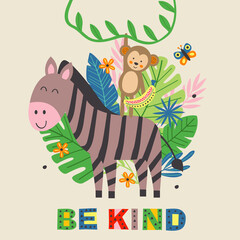 poster with funny zebra and monkey    -  vector illustration, eps
