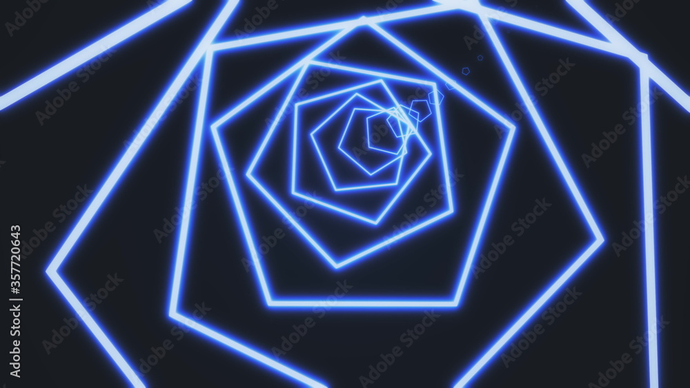 Poster neon pentagon tunnel abstract motion background. pentagon composed of bright green lines and camera 