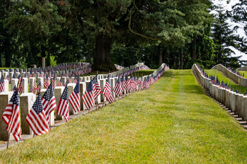 Rows of militray headstones and US flags in cemetery