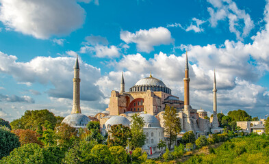 Sunny day architecture and Hagia Sophia Museum, in Eminonu, istanbul, Turkey 