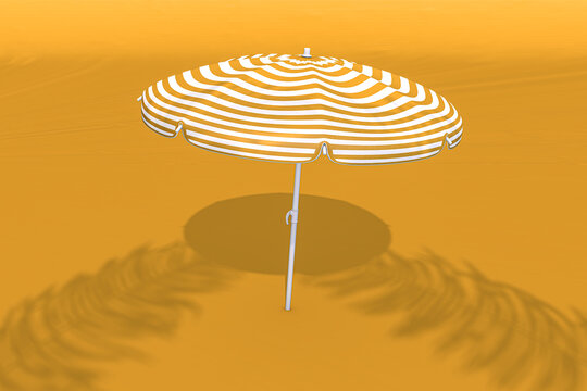 3d rendering of summer concept. Yellow umbrella isolated on yellow background with sunlight and shadow of coconut leaves. Minimal design art. Copy space.