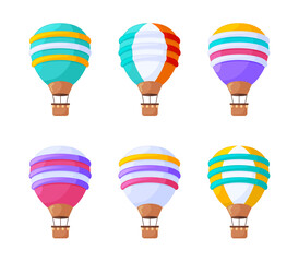 Hot air balloons flat vector illustrations set. Colorful vintage aerial vehicles for flights isolated on white background. Ornate sky ballons, airships with baskets design elements collection.