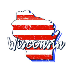 American flag in wisconsin state map. Vector grunge style with Typography hand drawn lettering wisconsin on map shaped old grunge vintage American national flag isolated on white background
