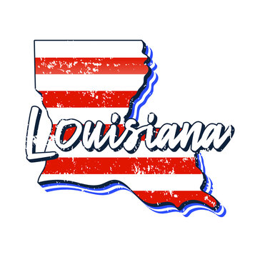 American flag in louisiana state map. Vector grunge style with Typography hand drawn lettering louisiana on map shaped old grunge vintage American national flag isolated on white background