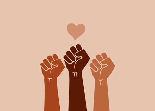 Black Lives Matter. Multiracial human hands raised with clenched fists and love icon, isolated on a light background. Emancipation, diversity, inclusiveness, and human rights. Black History Month.
