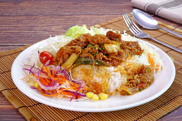 Stir fried beef with Japanese spicy sauce on Japanese rice served with salad.