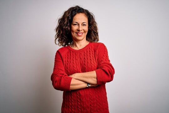 Middle Age Brunette Woman Wearing Casual Sweater Standing Over Isolated White Background Happy Face Smiling With Crossed Arms Looking At The Camera. Positive Person.