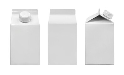 Juice and milk blank white carton boxes with different view isolated on white.