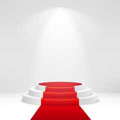 Illuminated stage podium with confetti and red carpet. Vector illustration