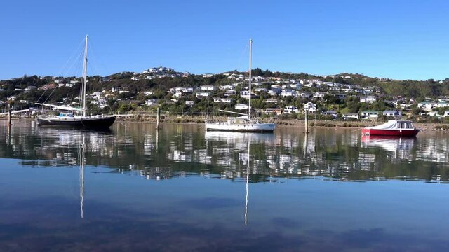 View of yachts and boats docked in Porirua near Wellington New Zealand on a calm sunny day