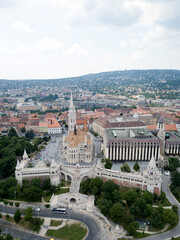 Aerial view of Matthias Church in historic centre square of Budapest, Hungary. Europe. Summer....