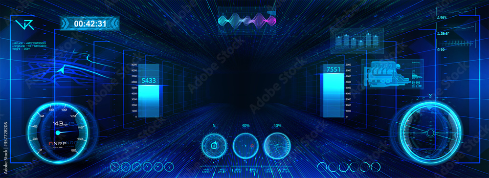 Poster Virtual reality racing game screen interface template. Volumetric space of VR with Head-up display design in HUD style. Futuristic cockpit and GUI, UI, HUD interface. VR Helmet HUD. Vector dashboard