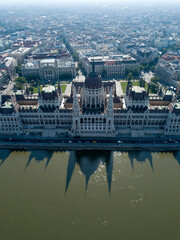 Aerial footage of Parliament of Budapest, Hungarian parliament building on the riverside of Danube....