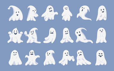 Ghost character flat cartoon set. Creepy funny cute ghostly Halloween monsters. Silhouette with scary face shape, evil symbol holiday october. Great for design postcards. Isolated vector illustration