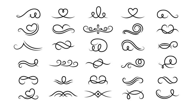 Curl and swirl set. Vintage borders, vignettes decorative elements. Calligraphic elements ink black and white drawing whorls. Isolated on white background vector illustration