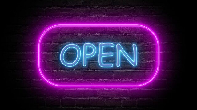 Neon open sign animation on brick wall background. Open sign seamless looping.