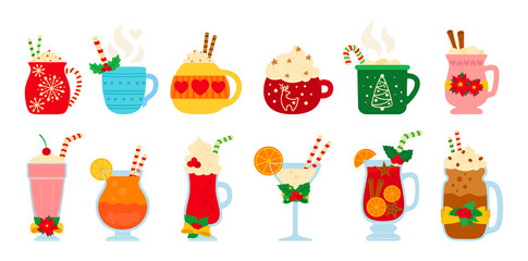 Christmas hot drink set. Flat cartoon different beverages. Holiday cute mugs hot cocoa, coffee, milk, cream and mulled wine. New year drinks decorated holly and candy. Isolated vector illustration