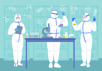 Scientists men, women in mask, white protective suits. Chemical lab research flat cartoon character. Discovery vaccine coronavirus. Scientists with flasks, microscope. Vector illustration
