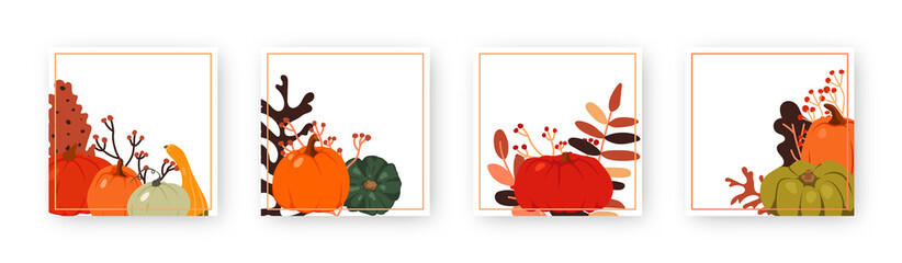 Fototapeta premium Set of Autumn pumpkin template square frame. Decorative pattern with space text box. Different background with Colored cartoon orange gourd. Thanksgiving and Halloween element. Vector illustration