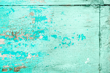 Old crackled teal turquoise painted wood surface. Vintage wooden wall or floor with cracked paint.
