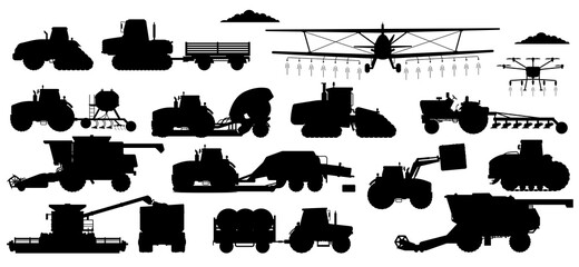 Farming machinery set. Vehicle silhouettes for field farming work. Isolated industrial tractor, harvester, combine, crop duster transport flat icon collection. Agriculture and agricultural machinery