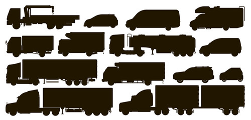 Delivery transport set. Cargo and passenger transport silhouettes. Isolated tanker trailer, crane truck, van, automobile, motorhome, CUV, micro car vehicle flat icon collection. Freight transportation