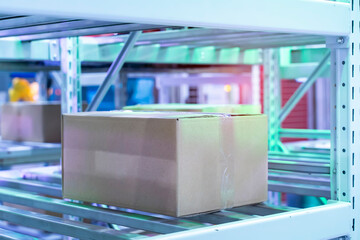 boxes in the cells of the automated warehouse. Metal construction warehouse shelving