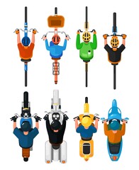 Bicycle and scooter top view. Cartoon bike, motorcycle, cycle view from above. People ride on bicycle and motor bike vector illustration © studioworkstock