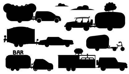 Food truck silhouette. Street eating caravan mobile restaurant set. Isolated bar, cafe, coffee shop on wheels flat icon collection. Trailer trucks transport, food and drinks transportation service