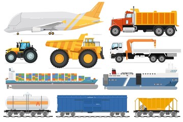 Freight transportation set. Cargo shipping vehicle side view. Isolated industrial aircraft, dump, crane truck, ship, railway tank, freight car transport collection. Transportation delivery service.