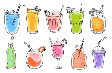 Fruit smoothie. Natural vegetarian fruit cocktail refreshments in glasses. Isolated vitamin drink for diet nutrition. Smoothie beverages in cups with straws, strawberries sketch vector illustration