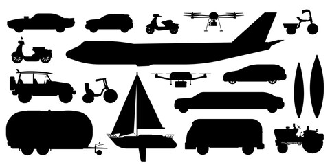Vehicle transportation silhouette. Passenger public, private transport. Isolated automobile car, bus, airplane, caravan, drone, sailing yacht, bicycle transportation vehicle flat icon collection